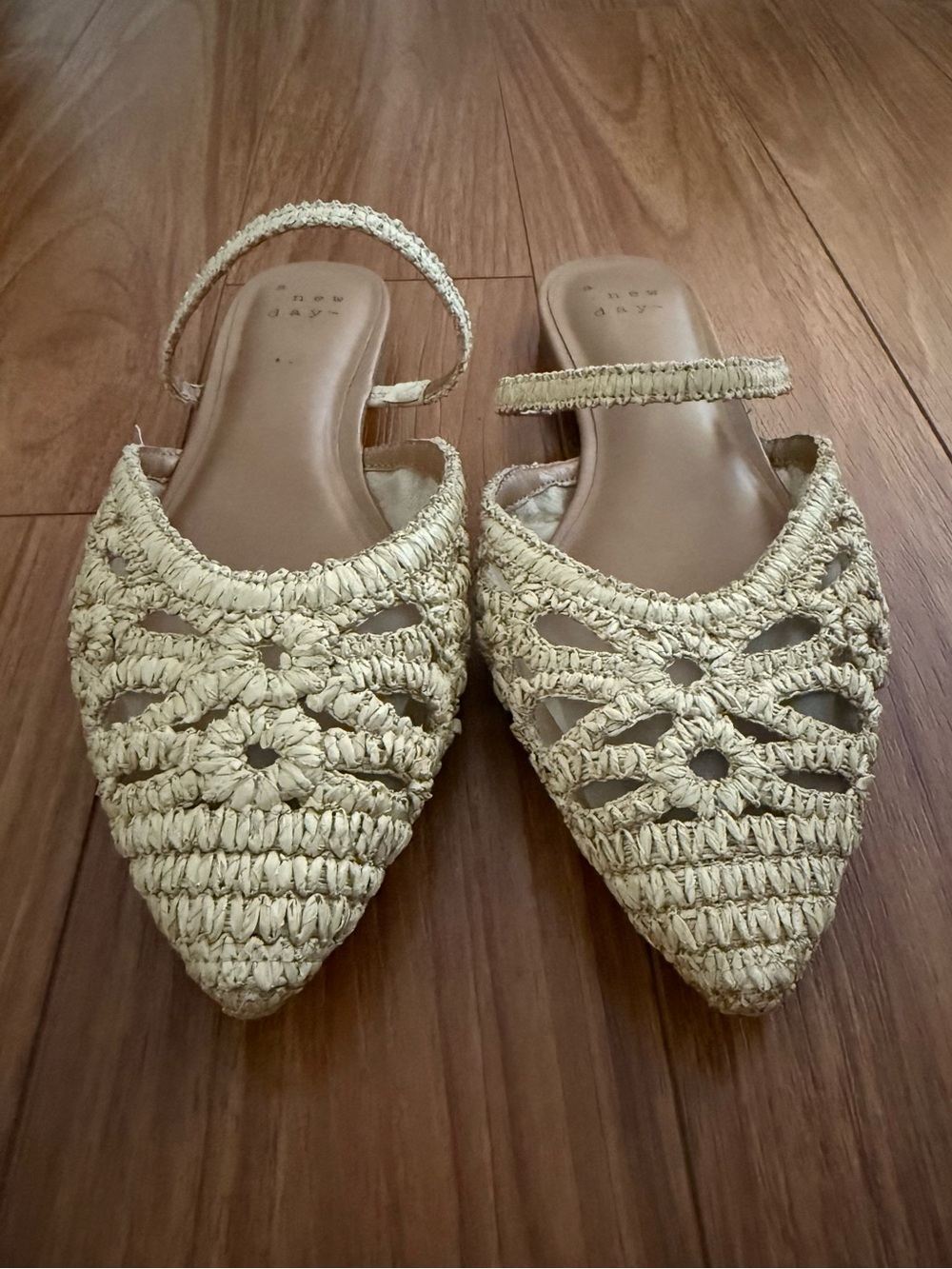 Woven Pointed-Toe Slip-On Sandals in Natural